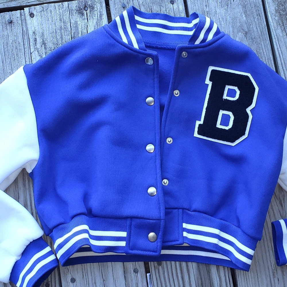 Blue & White Cropped Varsity Jacket – Size Small